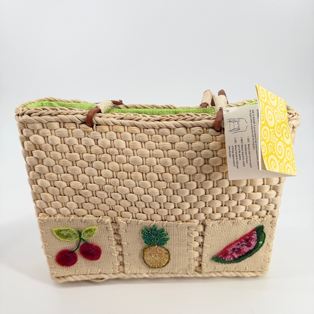 NEW Fruit Print Straw Tote Bag Natural Beaded Summer Beach Market Woven Purse